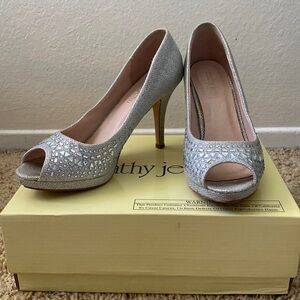 Cathy Jean Peep Toe Shiny Silver Rhinestone Heels